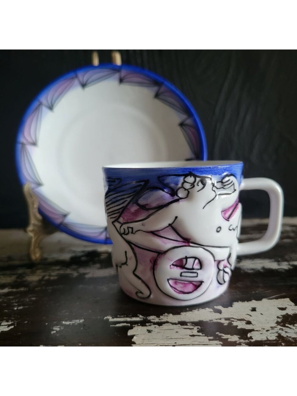 Vtg Naughty Angels O. Castro Galicia Espana Porcelain Demitasse Cup and Saucer